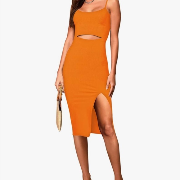 Spaghetti Strap Cutout Side Slit Ribbed Knee Length Bodycon Midi Dress - Picture 1 of 3